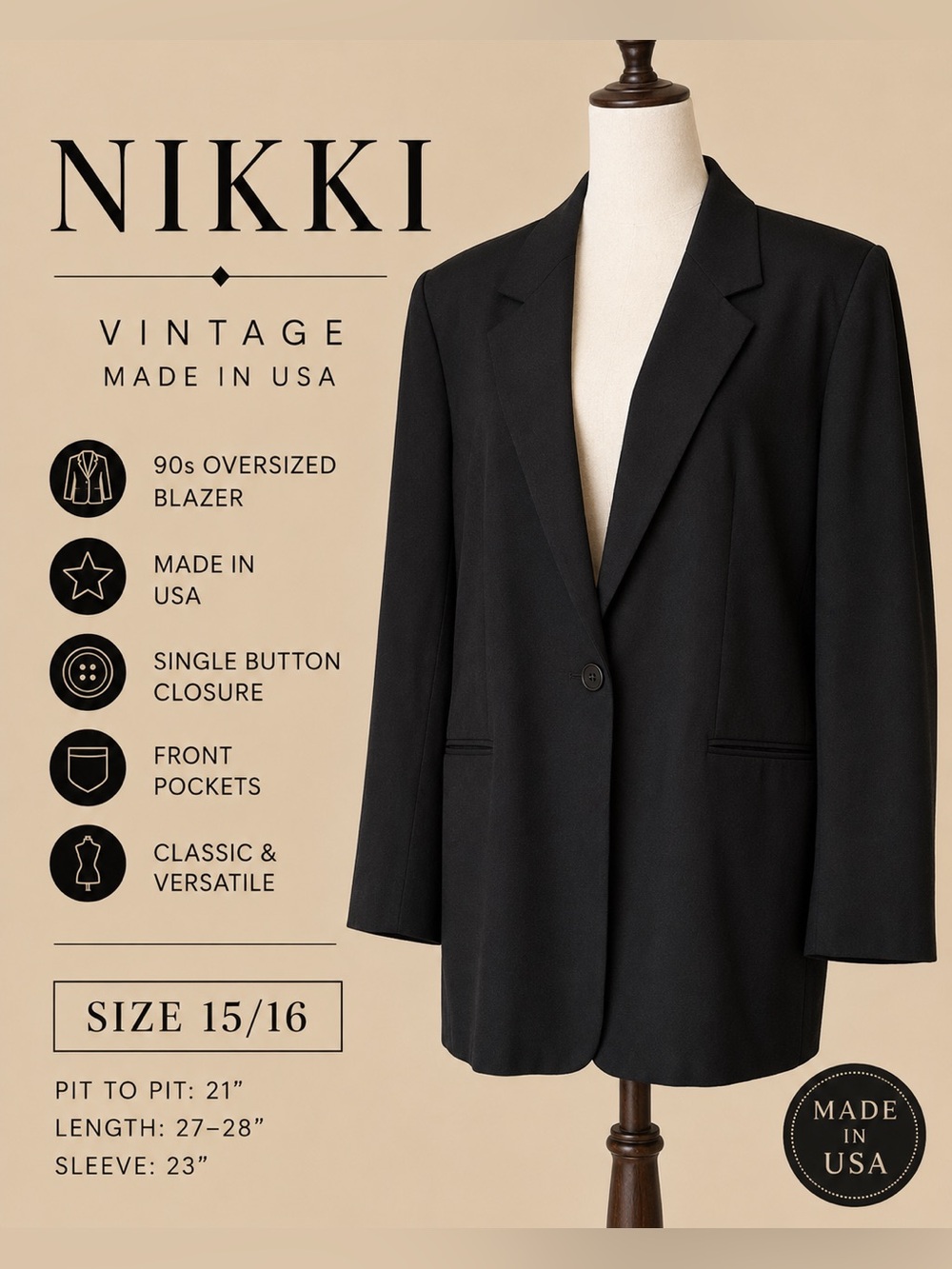 Nikki Vintage Oversized Black Blazer - Single-Button Tailored Look